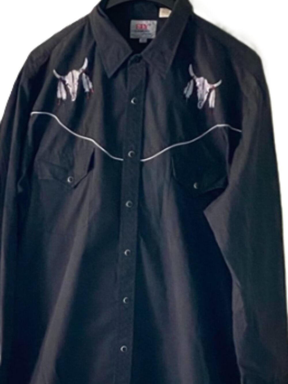 ELY Diamond Western Shirt Men's XL Black Steer Skull Embroidered Pearl Snap